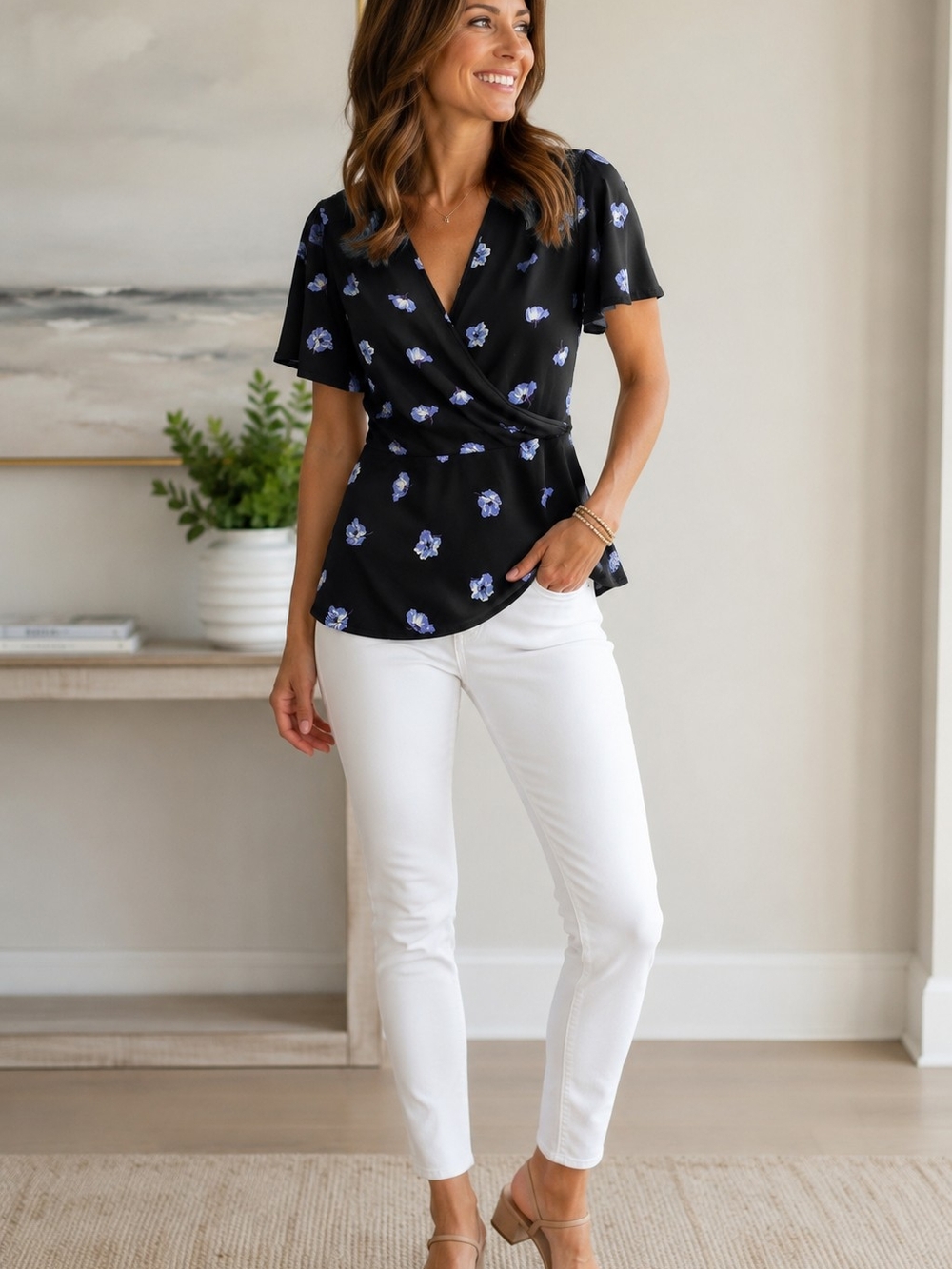 41 Hawthorn Black Top with Subtle Blue Floral Pattern